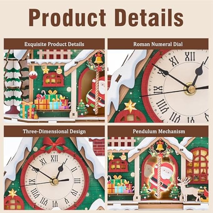 3D PUZZLES FOR ADULTS,CHRISTMAS SNOW HOUSE WOODEN PUZZLE MODEL KITS DIY WALL CLOCK PUZZLE WITH SWINGING PENDULUM, UNIQUE HOME DECOR, CREATIVE GIFTS(320X75X289MM) - Image 2